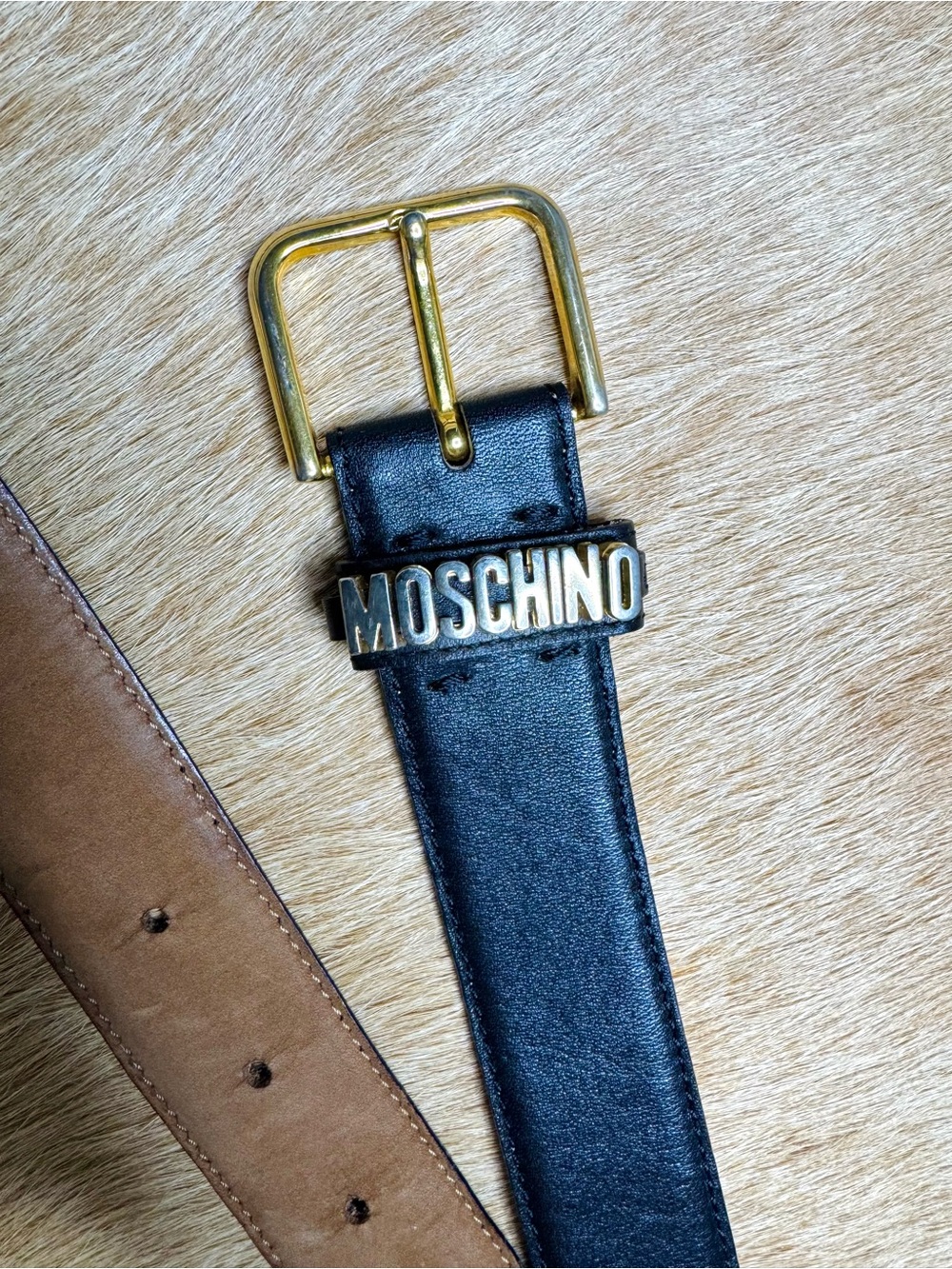 Moschino Black Leather Belt with Gold Logo Accent